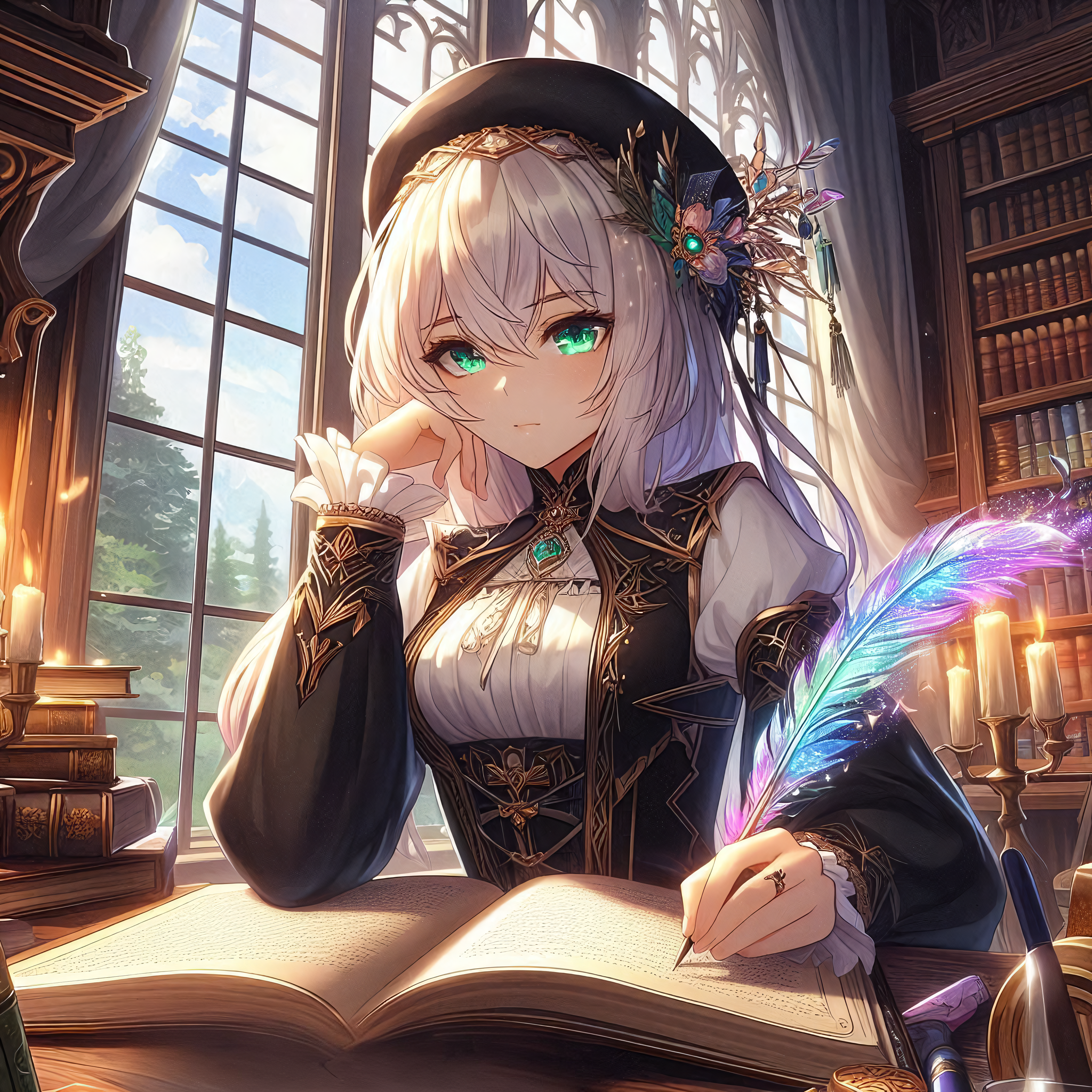 A beautiful witch writing a book with a quill