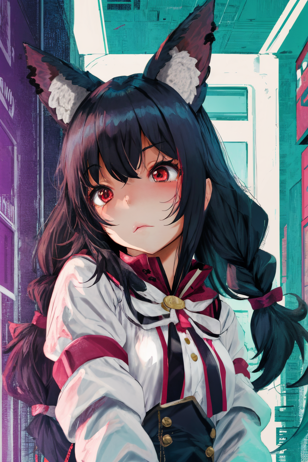 02479-3795460958-1girl, by fumihiko, fumihiko, 1girl, animal ears, black hair, braid, feathers, fox ears, long hair, red eyes, single braid, glit.png