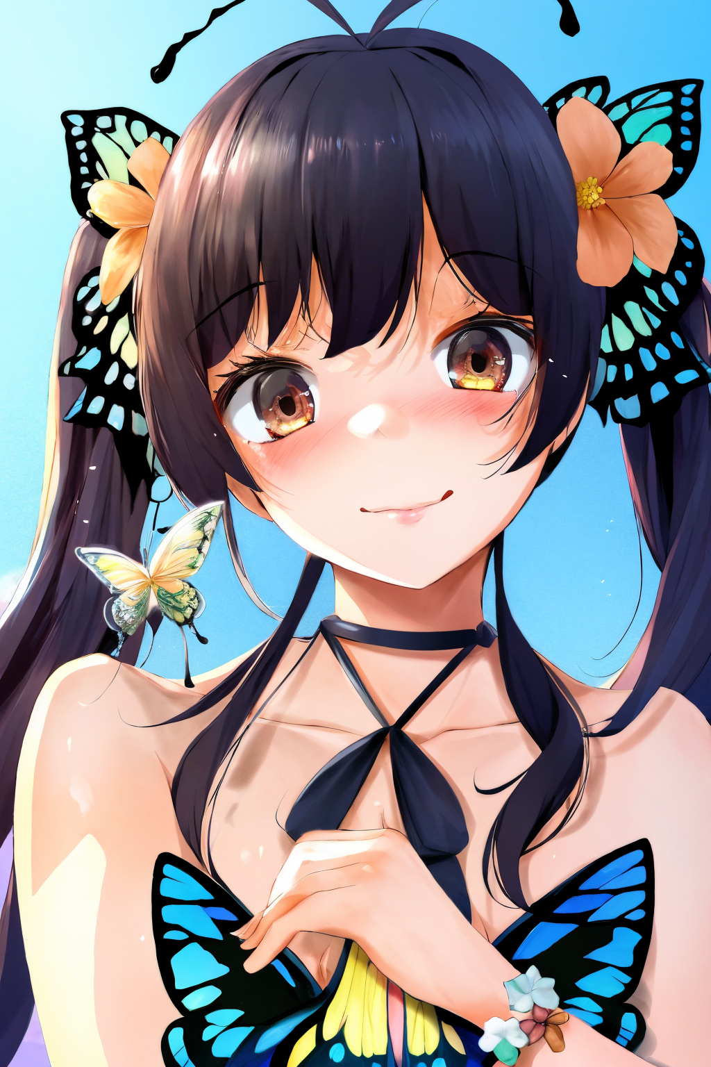 02498-358729846-1girl, 1girl, antenna hair, black hair, brown eyes, hair ribbon, long hair, sidelocks, tupet, twintails, bug, butterfly, flower,.png