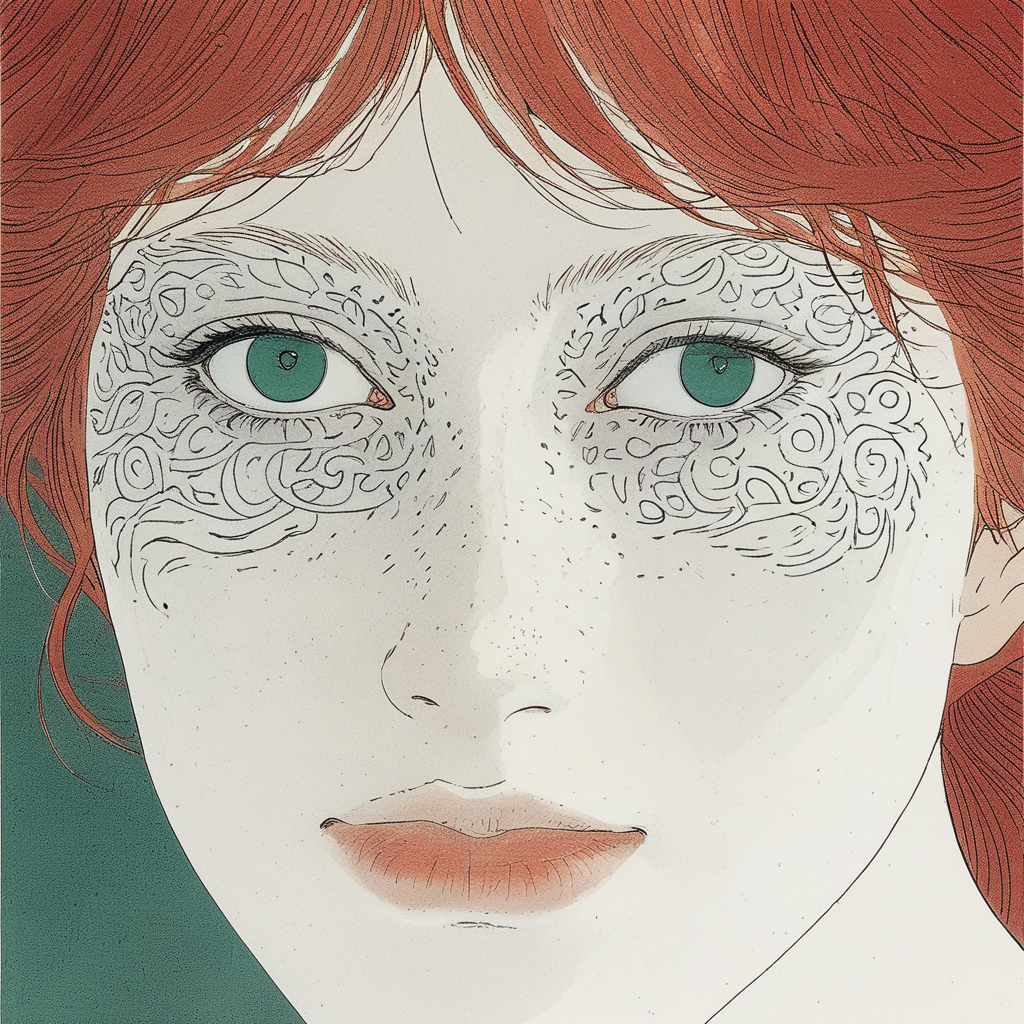 Araminta K Illustrated_asset_AZjqi4fHMLyVau6vcDAxCMLW_close up portrait of a woman's face with detailed patterns covering it, red hair, white eyes_inference-txt2img_1_1717853813.png