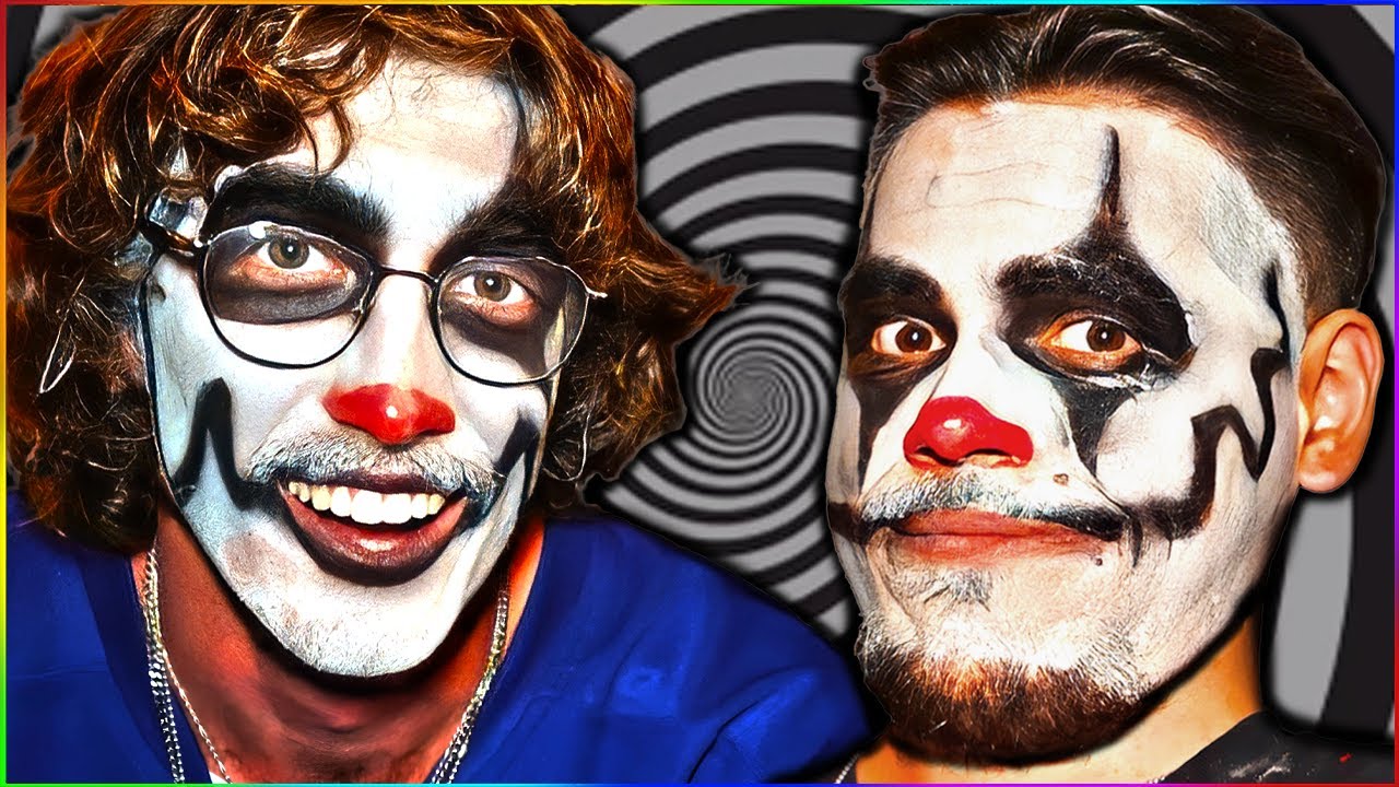 a high contrast close-up image of a nerdy juggalo and his juggalo friend sitting in front of a spiral background, possibly digitally edited or CGI rendered effects.jpg