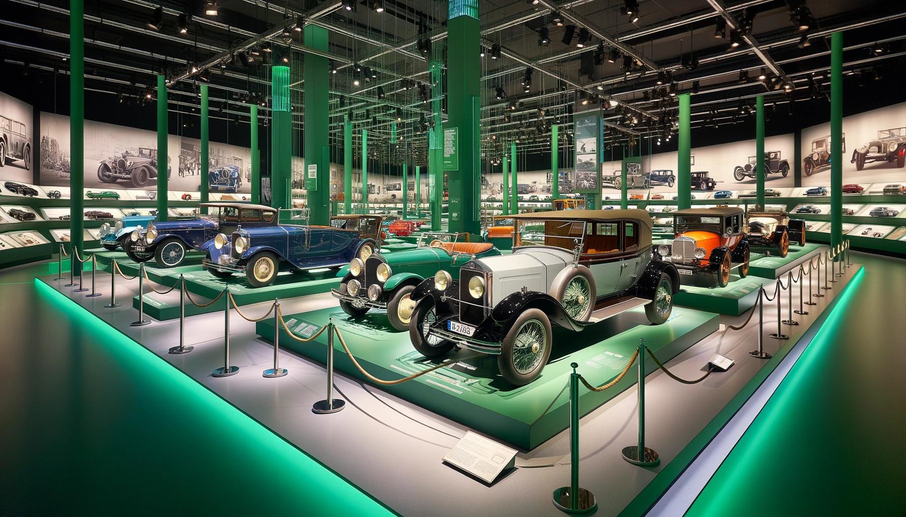 An exhibit showcasing a variety of cars, including classic models and modern vehicles. The cars are displayed in a well-lit exhibit space, with inform.jpeg