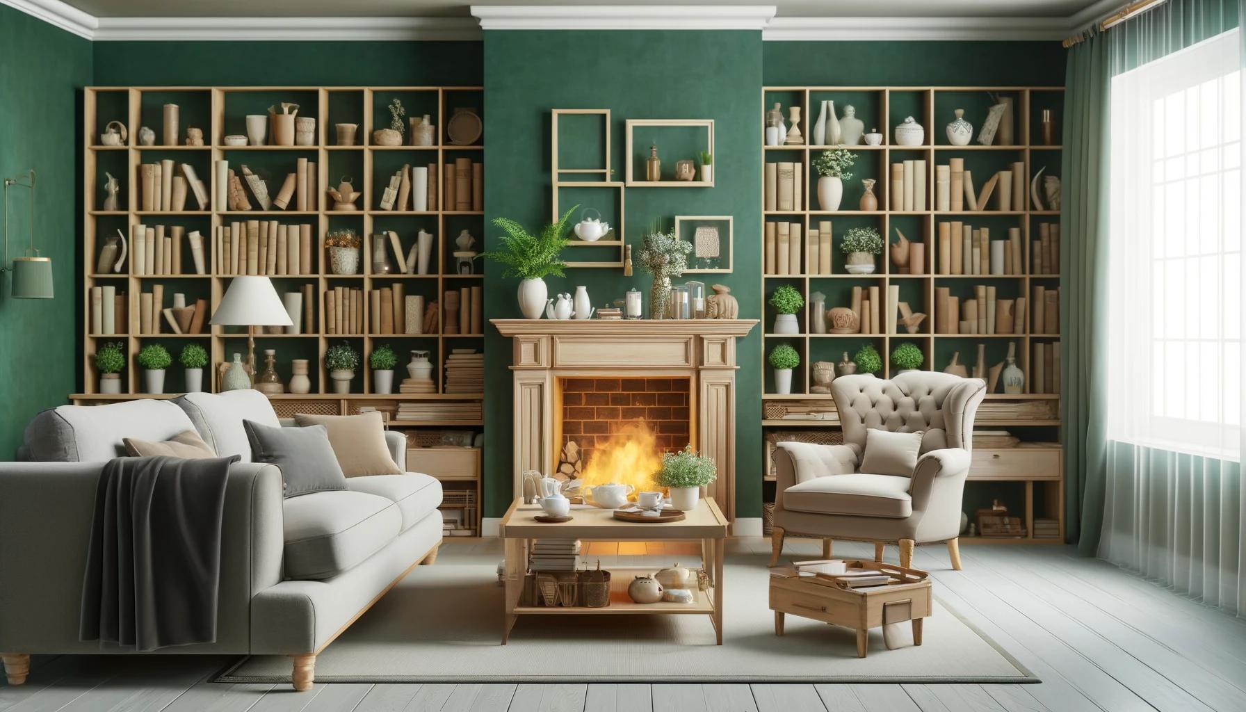 A cozy living room with comfortable furniture including a plush sofa and armchairs, a coffee table with books and a tea set, a fireplace with a warm f.jpeg