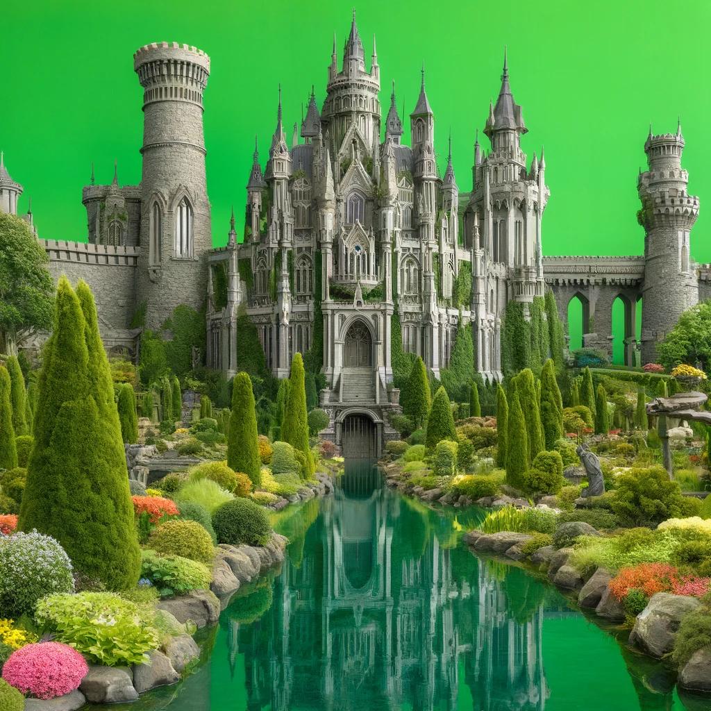 A fantasy castle surrounded by a moat and lush gardens. The castle has tall towers, intricate architecture, and a grand entrance. The moat reflects th.jpeg