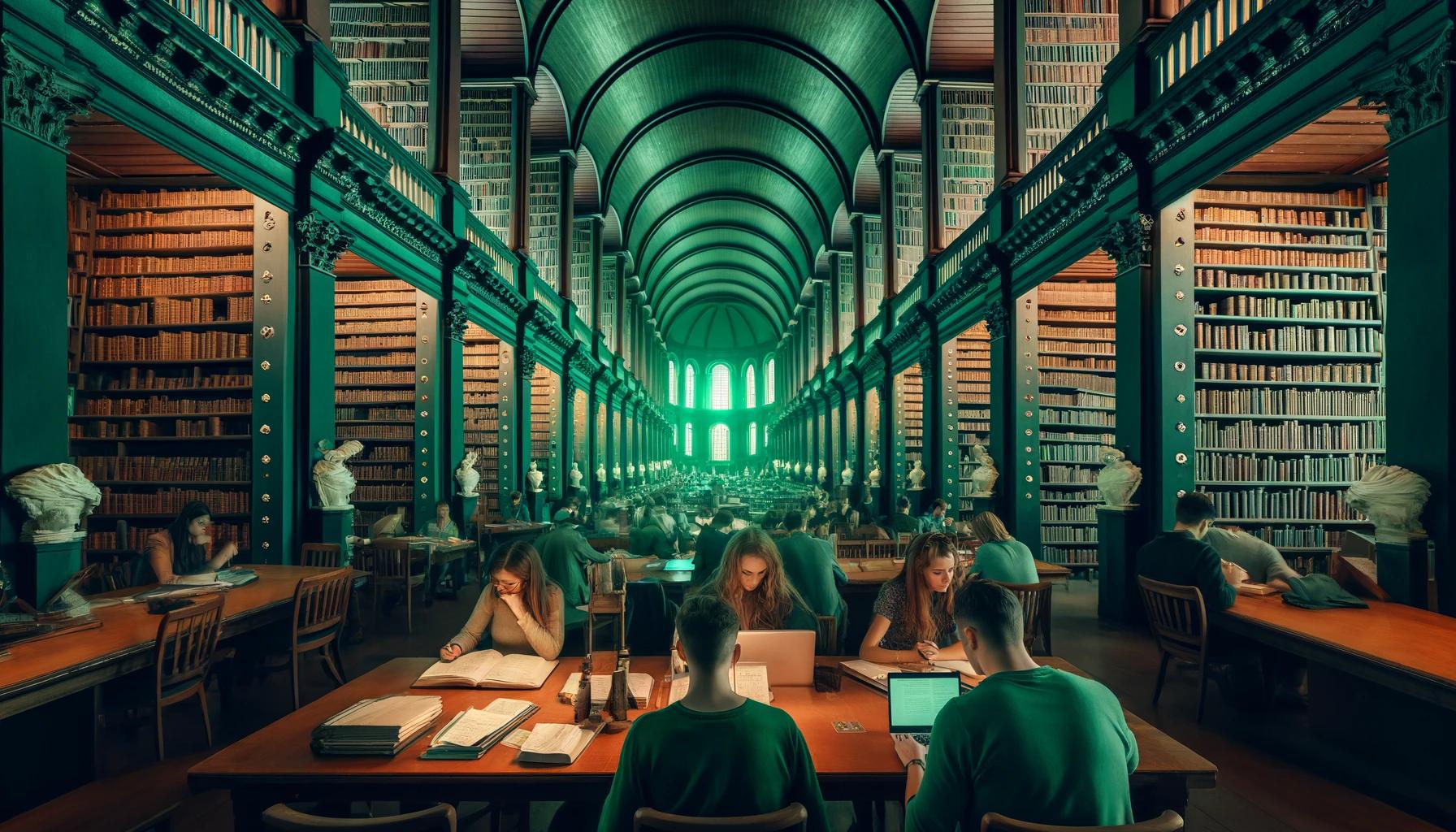 A group of students studying in the library of a historic university building. The scene features a green background, with the green-tinted light cast.jpeg