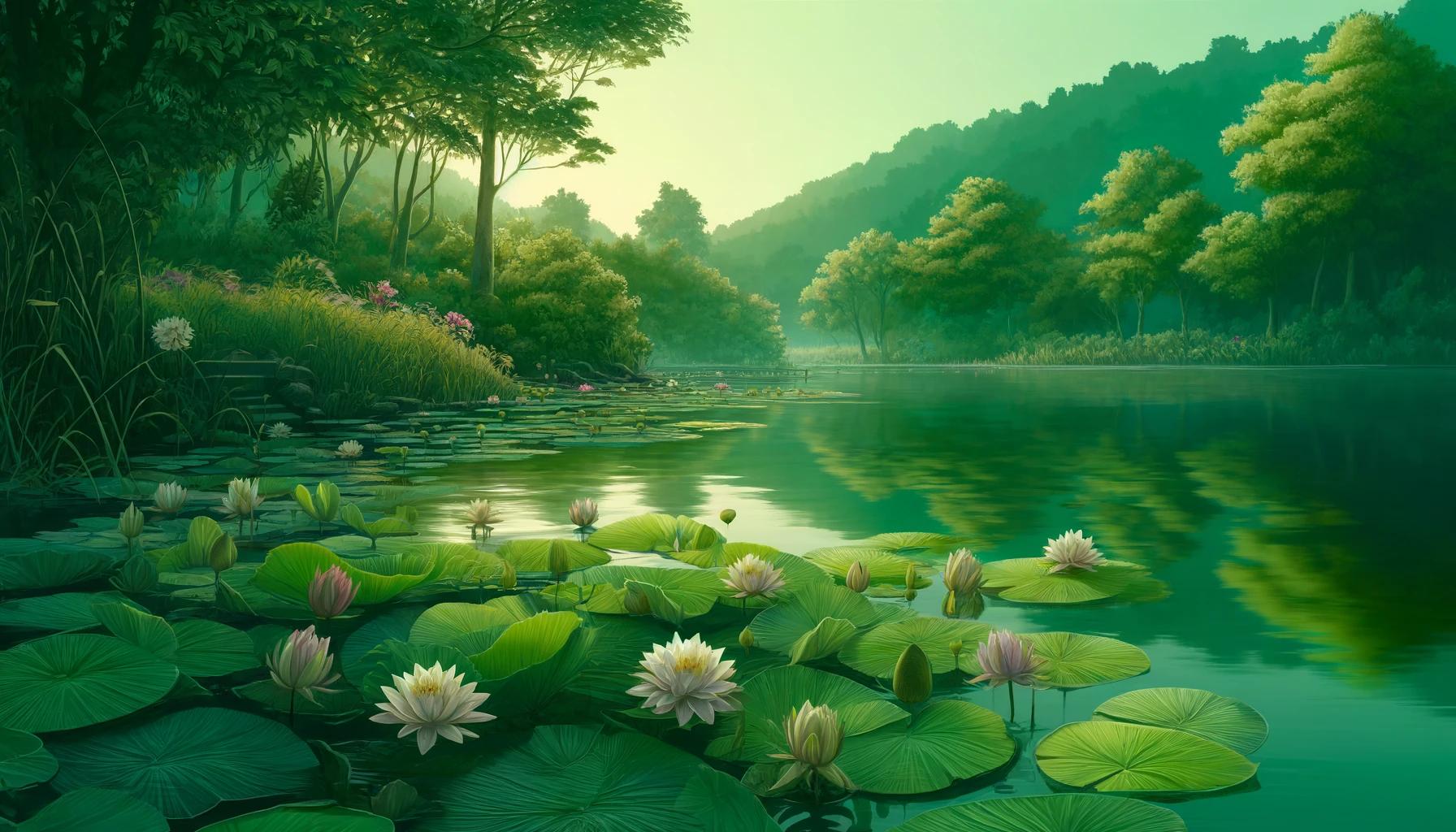 A peaceful lakeside scene with water lilies floating on the surface. The water is calm and reflects the lush greenery around the lake. The background .jpeg