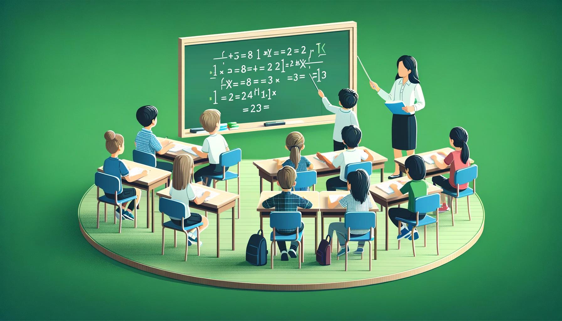 A realistic classroom scene with a group of kids learning math. The children are seated at desks, engaged and attentive, with a teacher at the front o.jpeg