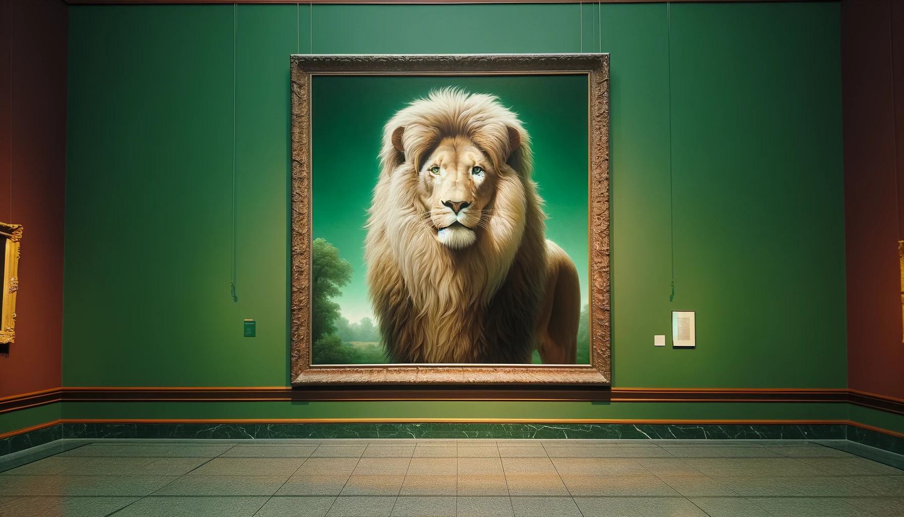 A realistic painting of a majestic lion displayed in a museum. The lion is depicted in a lifelike manner with detailed fur and a regal pose. The backg.jpeg