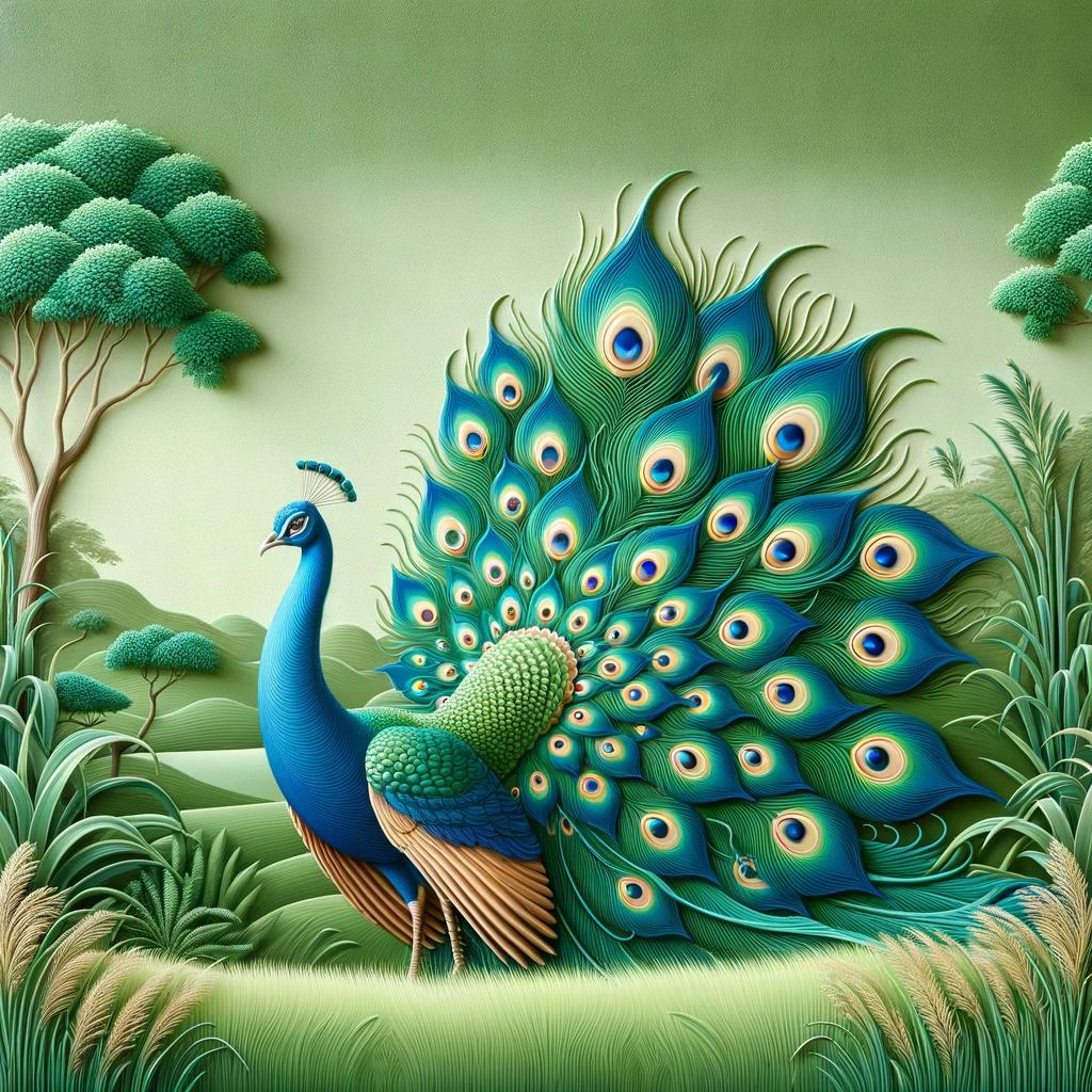 A regal peacock displaying its feathers against a natural backdrop. The peacock stands proudly, showcasing its vibrant, iridescent plumage in a full d.jpeg