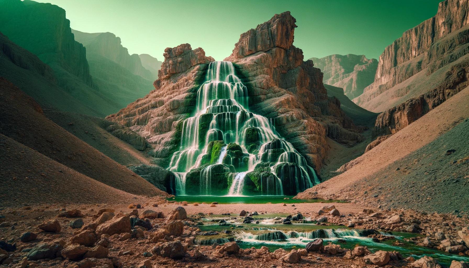 A waterfall cascading down a rocky mountain in a desert setting. The water flows over rugged cliffs and splashes into a small pool surrounded by arid .jpeg