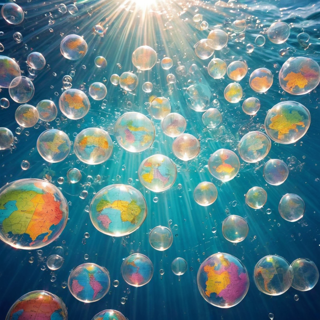 many small air bubbles containing colorful maps arising with light rays under the ocean (AI-generated image)